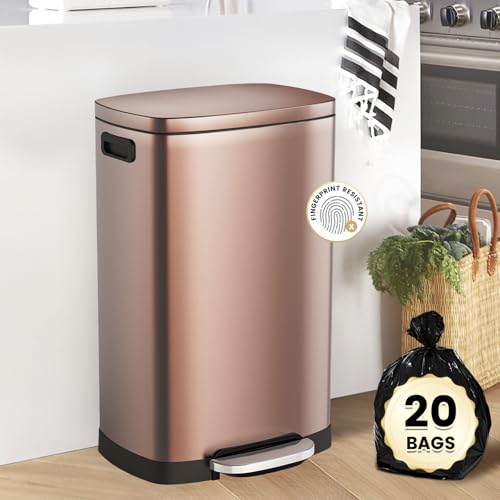 ELPHECO Kitchen Trash Can with Lid 13 Gal Stainless Steel Pedal Garbage Can | Soft Close Lid, Pedal, Heavy-Duty Fingerprint Proof Step Wastebasket with 20 Bags, Removable Bucket, Home Office, Champagne - color: Champagne