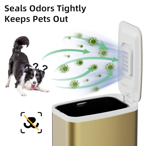 KdbK Champagne Gold Bathroom Trash Can with Lid Soft Close,1.6 Gallon Slim Garbage can,Small Metal Step Wastebasket for Office, Bedroom, Toilet, Live Room - color: Champagne Gold