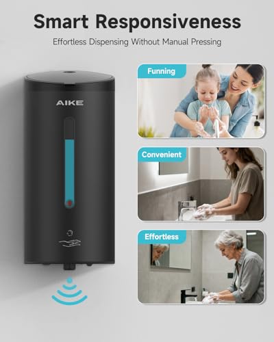 AIKE Automatic Foaming Soap Dispenser 25oz for Bathroom,Matteblack AK1205FA | Rich Foam and Stainless Steel,No-drill and Screw Wall Mount,5-Level Adjustable and Key for Commercial(Batteries Not Included) - color: Matte Black Stainless Steel