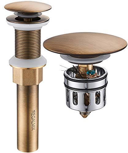 REGALMIX Antique Brass Pop UP Drain, Bathroom Vessel Lavatory Vanity Faucet Sink Stopper, Built-in Anti-Clogging Strainer, Fits Standard American Drain Hole(1-1/2" to 1-3/4"),Without Overflow RWF082S - color: Antique Brass, size: Without Overflow