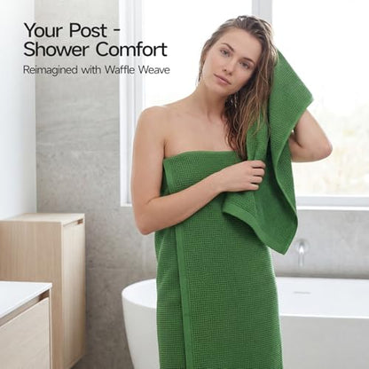 REDKISS Quick Dry Waffle Towel Set of 8, 100% Cotton,Lightweight & Highly Absorbent Waffle Towels for Bathroom, Spa, Gym, Pool-2 Bath Towels, 2 Hand Towels & 4 Washcloths,Green - color: Green