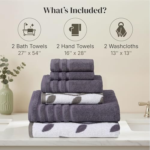 Modern Threads 6 Piece Bath Towel Set – Bathroom Set with 2 Bath Towels, 2 Hand Towels, and 2 Wash Cloths – 100% Cotton, Super Absorbent & Extra Soft – Reversible Natural Vine (Purple) - color: Purple