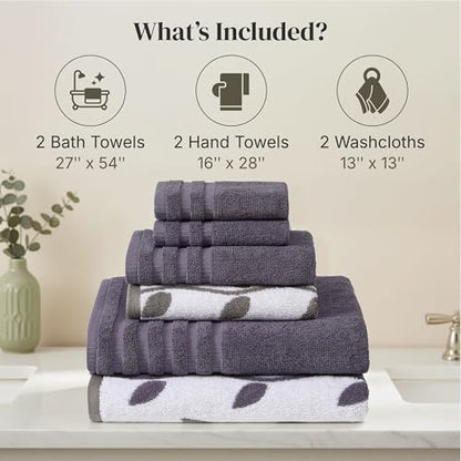 Modern Threads 6 Piece Bath Towel Set – Bathroom Set with 2 Bath Towels, 2 Hand Towels, and 2 Wash Cloths – 100% Cotton, Super Absorbent & Extra Soft – Reversible Natural Vine (Purple) - color: Purple
