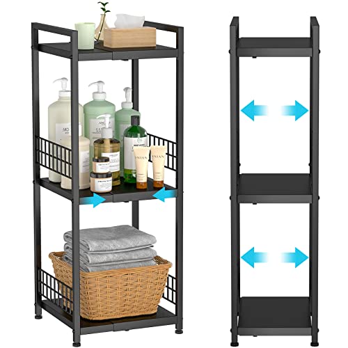 DAOUTIME 3-Tier Metal Shelving Unit, Expandable, Free-Standing, Narrow, Open Floor Shelves, Ideal for Bathroom, Kitchen, Laundry, Storage, Organization - color: Black, size: 3-tier