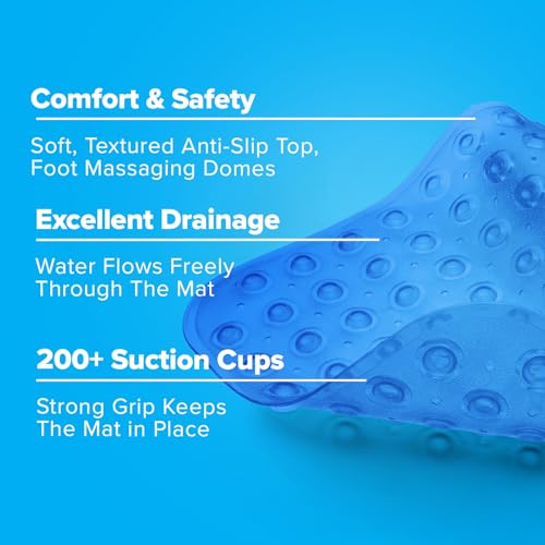 SlipX Solutions 39x16 Extra Long Non Slip Bath Mat, Tub & Shower, Blue | Anti Slip Mat for Elderly & Kids Bathroom, 30% More Coverage, 200 Suction Cups, Hundreds of Drain Holes - color: Blue