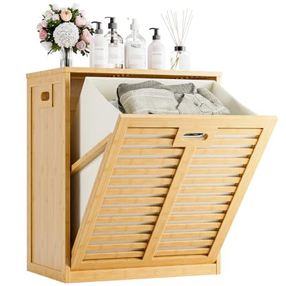 HITNET Tilt Out Laundry Hamper, Bamboo Laundry Cabinet with Hidden Removable Basket, Freestanding Clothes Storage organizer for Bedroom, Bathroom, Living Room, Natural - color: Natural