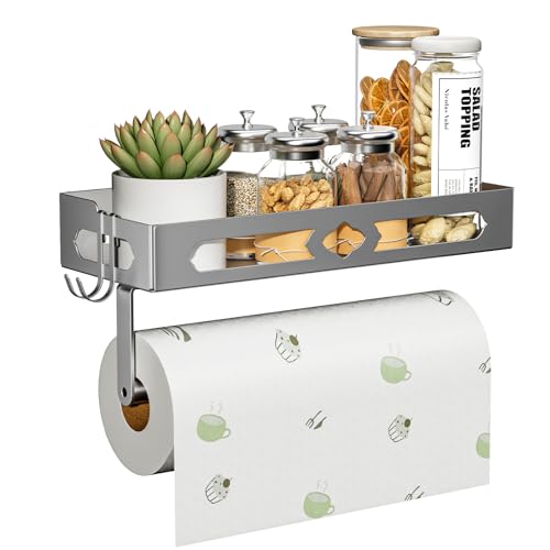 Stylish Kitchen Paper Towel Holder with Shelf - Adhesive Hand Towel Holder | Wall Mount Toilet Paper Holder Rack for Bathroom, Rust-Resistant Matte Grey Finish for RV , Easy One-Handed Operation Design - color: Gray