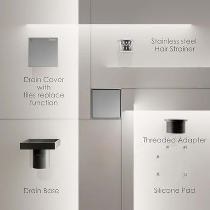 Sunrosa 6 Inch Square Shower Drain, Polished Chrome, 304 Stainless Steel | Reversible Tile-insert Cover, For Bathroom Renovatio, Press-to-lift Cover Design, One-piece Bent Design - color: Polished Chrome, size: 6"×6"