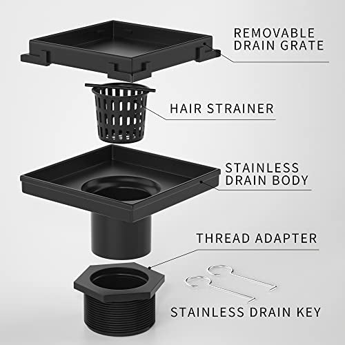 Square Shower Drain, 304 Stainless Steel Floor Drain 4" | with Tiled Insert Grate & Hair Strainer, Bathroom 2-in-1 Tiled in Drain, CUPC Certified - color: Matte Black, size: 4''