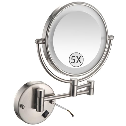Wall Mounted Lighted Makeup Mirror, Hardwired 2-Sided Magnifying Vanity Mirror, Extended Arm 360 Rotation LED Cosmetic Mirror,Brushed Nickel,5X - color: Brushed Nickel, size: 5X