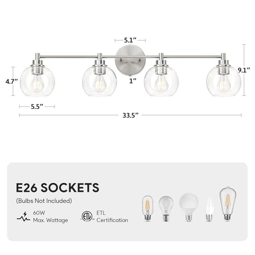 VONLUCE 4 Light Bathroom Vanity Light Fixtures, Brushed Nickel Finish | Globe Glass Shades, E26 Sockets, Easy to install, ETL Certificated, Vanity Lights for Bedroom Hallway Living Room - color: Nickel, size: 4-Light