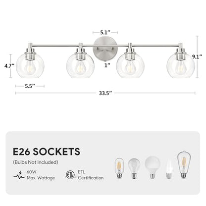 VONLUCE 4 Light Bathroom Vanity Light Fixtures, Brushed Nickel Finish | Globe Glass Shades, E26 Sockets, Easy to install, ETL Certificated, Vanity Lights for Bedroom Hallway Living Room - color: Nickel, size: 4-Light