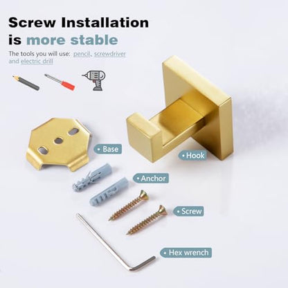 KOKOSIRI Bath Towel Hook Wall Mount Square Robe Hook Coat Hook, Bathroom Kitchen Garage Heavy Duty Wall Mounted, SUS 304 Stainless Steel, Brushed Gold, B1010BG-P2 - color: Brushed Gold, size: 2 Pack
