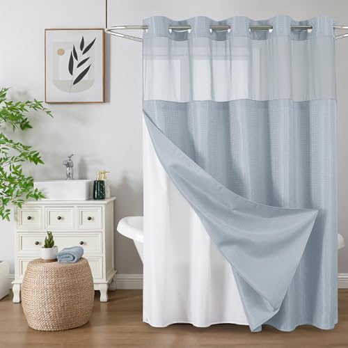 Colorful Star No Hook Shower Curtain with Snap in Fabric Liner, Waffle Weave Heavy Duty Thick Shower Curtains with Mesh Top Window, Hotel Style Waterproof Bathroom Curtain Set, 72 x 75 Inch, Fog Blue - color: Fog Blue, size: 72"W x 75"L (Pack of 1)