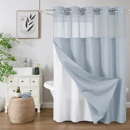 Colorful Star No Hook Shower Curtain with Snap in Fabric Liner, Waffle Weave Heavy Duty Thick Shower Curtains with Mesh Top Window, Hotel Style Waterproof Bathroom Curtain Set, 72 x 75 Inch, Fog Blue - color: Fog Blue, size: 72"W x 75"L (Pack of 1)