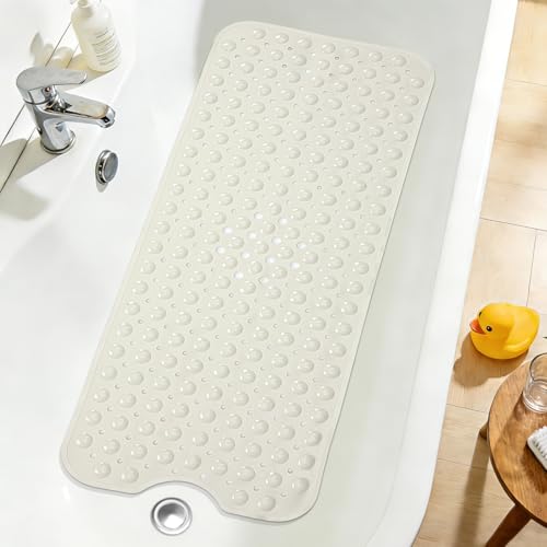 Extra Long Bathtub Mat Non Slip Bath Mat Beige 40"x16" Full Size | Soft Bath Mat for Tub, Bath Tub Shower Mats for Bathroom Floor with Big Suction Cups & Drain Holes, Easy Washable, BPA Free - color: Beige, size: 40" x 16" (Rectangular)