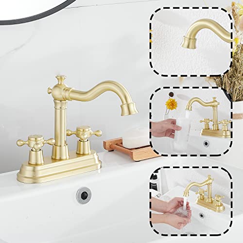 Bathroom Faucet Brushed Gold GGStudy 2 Handles 4 Inches Centerset Bathroom Vanity with Drain Assembly and Supply Hose Lavatory Mixer Double Handle Tap - color: Brushed Gold, style: Metal Cover