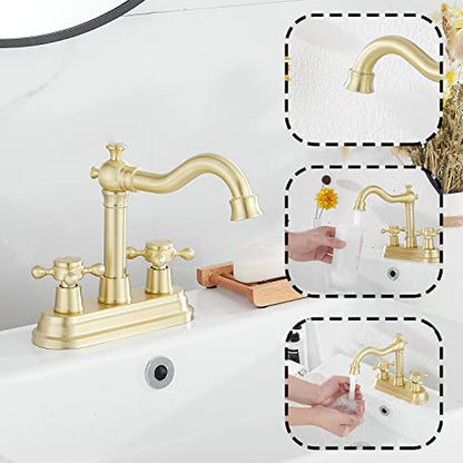 Bathroom Faucet Brushed Gold GGStudy 2 Handles 4 Inches Centerset Bathroom Vanity with Drain Assembly and Supply Hose Lavatory Mixer Double Handle Tap - color: Brushed Gold, style: Metal Cover