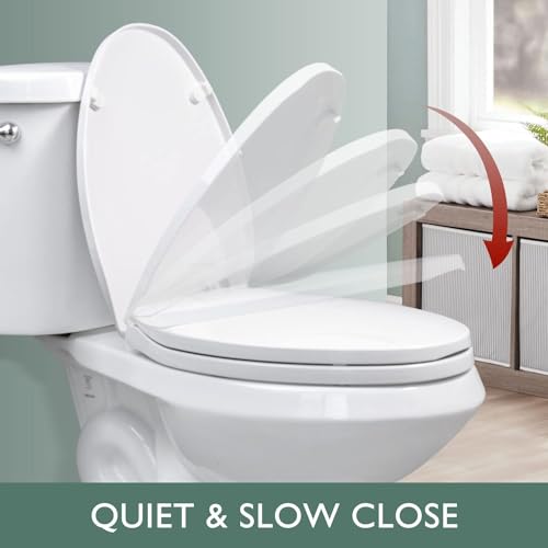 Toilet Seat Elongated, Slow Close Hinges, Non-Slip Bumpers, White | Easy Clean Toilet Seat Cover, Two Mounting Kits, Durable High-Gloss Plastic, Quick-Release, for Standard Elongated Toilets - size: Elongated
