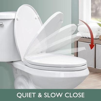 Toilet Seat Elongated, Slow Close Hinges, Non-Slip Bumpers, White | Easy Clean Toilet Seat Cover, Two Mounting Kits, Durable High-Gloss Plastic, Quick-Release, for Standard Elongated Toilets - size: Elongated