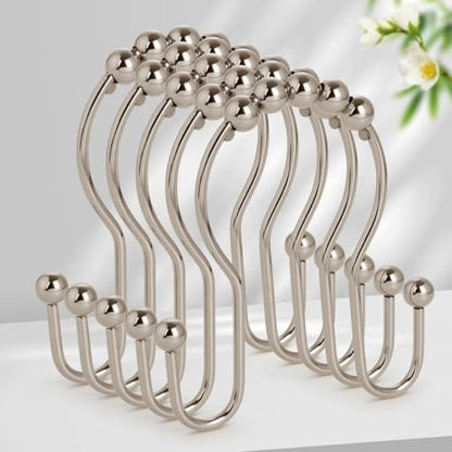 Resze Double Shower Curtain Hooks, Sturdy Metal Nickel Shower Curtain Rings, Glide Roller Shower Hooks,Rust Proof Anti-Drop Curtain Hooks, 12 Pcs Smooth Sliding Rings for Bathroom Shower Rods Curtains - color: Nickel