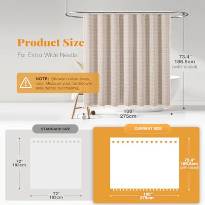 BTTN 108x72 Boho Farmhouse Linen Heavy Duty Shower Curtain Set, Tan/Taupe | Extra Wide Size, 330GSM Linen Blend, 3-side Tassels, Waterproof Fabric, 18 Plastic Hooks, Rustic Bohemian, Machine Washable - color: Taupe, size: 108"W x 72"L (Pack of 1)