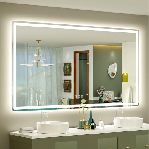 SMIROR 66x36 LED Lighted Bathroom Vanity Mirror with Lights for Wall | Front Lit and Backlit, Rounded-Corner Rectangle, 3 Color, Anti-Fog, Memory, Tempered Glass, UL, Horizontally/ Vertically - color: Frameless, size: 66"L x 36"W