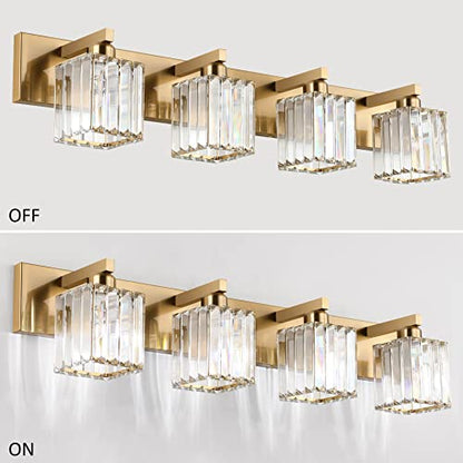 Aipsun Bathroom Lighting Fixtures Modern Crystal Vanity Light Brass 4 Light Bathroom Vanity Light (Exclude Bulb) - color: Gold, size: 32 inch