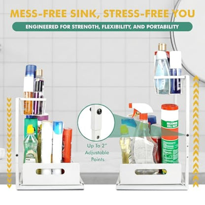 Height Adjustable 2-Tier Under Sink Organizer with 3 Hooks – Kitchen Sink Cabinet Storage Rack, Expandable Sink Caddy for Kitchen, Bathroom & Pantry (White) - color: White