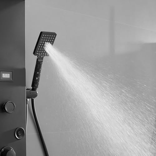Shower Panel, Rainfall Handheld & 5 Body Jets, Black | Stainless Steel, Multi-Function Shower Tower System, Handheld Shower Wand Tub Spout and Rainfall Head, Temperature Display - color: Black, style: LED Shower Panel