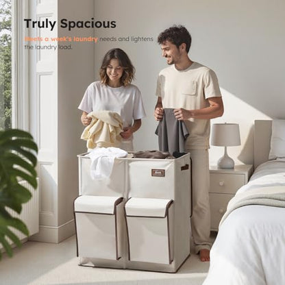SOLEDI 180L Double Laundry Hamper with Lid and 2 Side Pockets, Dual Hamper | 2 Section Laundry Basket, Removable & Washable Laundry Bags, 180L Large Capacity, for Bedroom, Bathroom, Laundry Room, Dorm - color: Beige