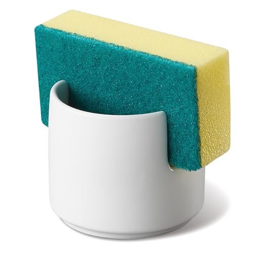 ONEMORE Ceramic Sponge Holder for Kitchen Sink, Kitchen Sink Organizer with Drain, Dish Sponge and Soap Holder for Sink Counter, Cute Corner Ceramic Sponge Holder, In Sink Sponge Storage, White - color: White