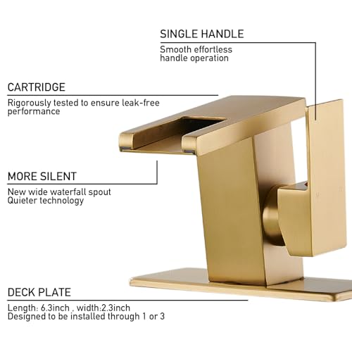 AVSIILE LED Bathroom Sink Faucet, Brushed Gold Waterfall Single Hole Handle Vanity Faucets for Sinks 1 Hole with Metal Pop Up Drain and 2 Water Supply Lines, Side Handle - color: Brushed Gold