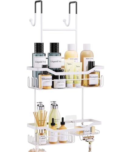 HapiRm Hanging Shower Caddy Over the Door with Soap Holder, No Drilling Adhesive Shower Organizer with 11 Hooks, Rustproof & Waterproof 304 Stainless Steel Bathroom Shelves - White - color: White-2