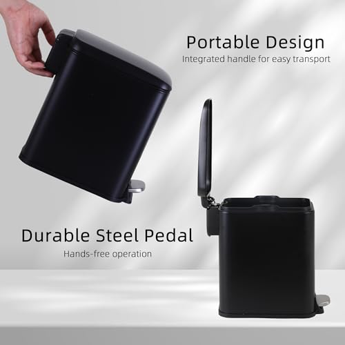 Small Bathroom Trash Can with Lid, 5 Liter/1.3 Gallon Stainless Steel Small Garbage Can with Removable Inner Bucket & Soft-Close Foot Pedal, Slim Trash Can for Bathroom, Bedroom, Office (Black, 2 PCS) - color: Black, size: 2 Pack