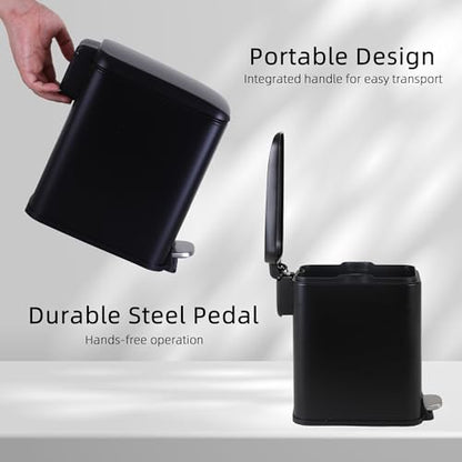 Small Bathroom Trash Can with Lid, 5 Liter/1.3 Gallon Stainless Steel Small Garbage Can with Removable Inner Bucket & Soft-Close Foot Pedal, Slim Trash Can for Bathroom, Bedroom, Office (Black, 2 PCS) - color: Black, size: 2 Pack