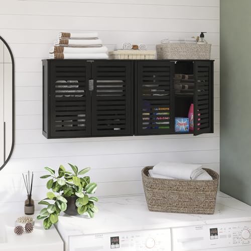 HITNET Black Bathroom Storage Cabinet, Hanging Medicine Cabinet with Adjustable Shelf, Bamboo Over the Toilet Wall Mounted Space Saver Organizer, Double Doors - color: Black