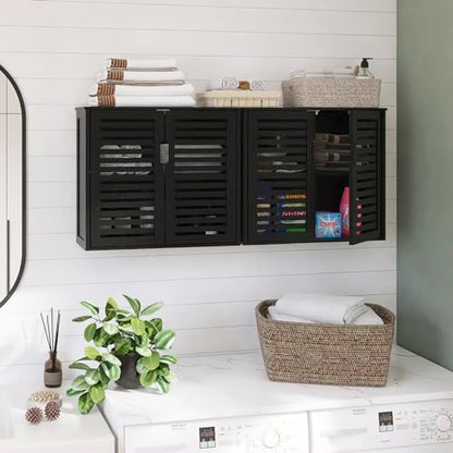 HITNET Black Bathroom Storage Cabinet, Hanging Medicine Cabinet with Adjustable Shelf, Bamboo Over the Toilet Wall Mounted Space Saver Organizer, Double Doors - color: Black