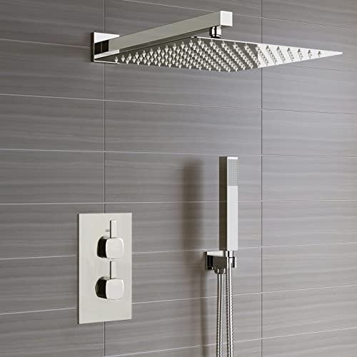 Voolan 16" Square Shower Arm with Flange and Teflon Tape, Extension Shower Head Arm for Bathroom Fixed Shower Head, Solid Stainless Steel, Wall Mounted (Brushed Nickel) - color: Brushed Nickel, style: 16 Inch