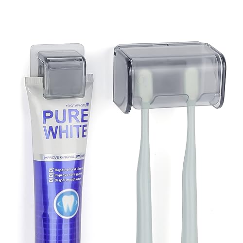 Toothbrush Holder Wall Mounted with Cover for Bathroom, 2 Slots Toothbrush Storage Organizer for Shower, Self Adhesive Toothbrush Hanger with Toothpaste Clip - color: Grey Clear, size: Combination B: 1PACK