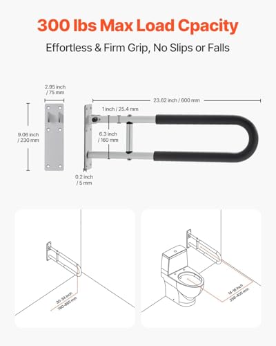 30 Inch U-Shaped Toilet Safety Rail, Foldable Grab Bar for Seniors, Anti-Slip Handle, 300 Lbs Capacity, Flip Up Toilet Grab Bars with Paper Holder for Enhanced Bathroom Safety Black