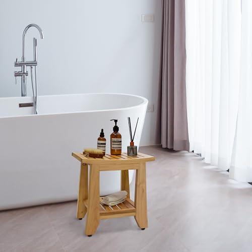 Teak Shower Bench Stool, 14'' Compact Waterproof Wooden Sauna Bath Bench with Storage Shelf, Non-Slip Solid Teak Shower Seat Chair for Small Bathrooms Inside Shower and Outdoor Use - size: 14''W x 10''D x 15''H