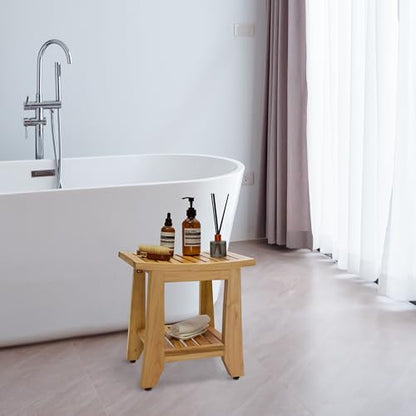 Teak Shower Bench Stool, 14'' Compact Waterproof Wooden Sauna Bath Bench with Storage Shelf, Non-Slip Solid Teak Shower Seat Chair for Small Bathrooms Inside Shower and Outdoor Use - size: 14''W x 10''D x 15''H