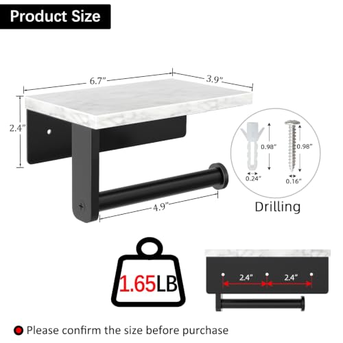 Gypie Marble Toilet Paper Holder with Shelf, Wall Mounted Matte Black | Stainless Steel Tissue Roll Paper Holder Dispenser for Bathroom Washroom - color: Black