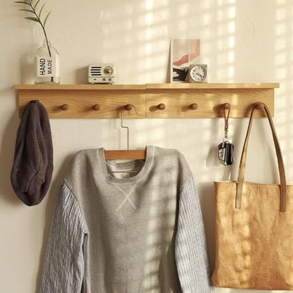 Small Entryway Shelf with Hooks, Wall Mounted Coat Rack with Shelf for Small Spaces, Wooden Floating Wall Organizer for Entryway, Mudroom, Nursery, Bathroom & Kitchen (Oak Finish) - color: Oak Finish