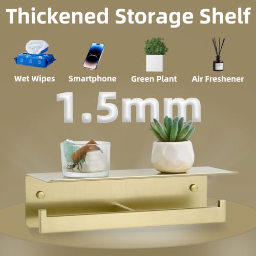 Brushed Gold Double Toilet Paper Holder with Shelf, 304 Stainless Steel Wall Mount Tissue Roll Holder for Bathroom - color: Brushed Gold, size: Double Rod