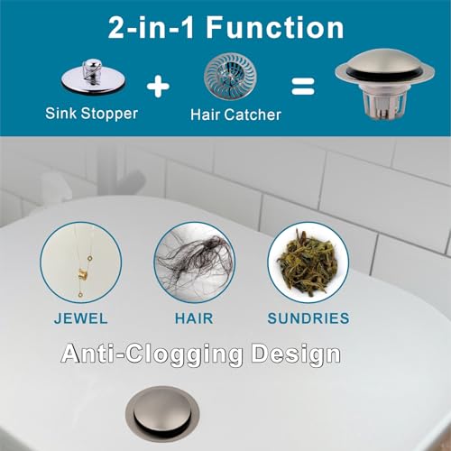 WELSAN Brushed Nickel Sink Stopper Bathroom Drain 1 1/8"-1 1/2", 2 Pack | Bathroom Sink Stopper Replacement, Universal Pop-Up Drain Stopper Plug Strainer with Hair Catcher, Anti-Clogging Design - color: Brushed Nickel-2