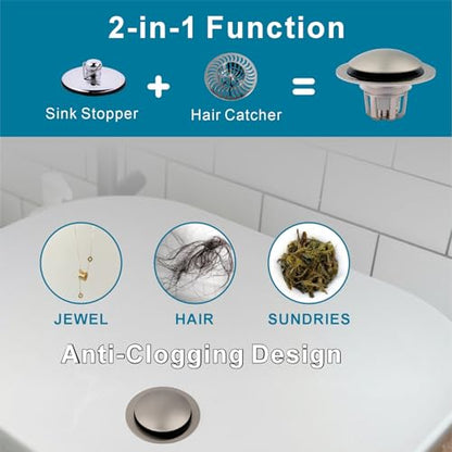 WELSAN Brushed Nickel Sink Stopper Bathroom Drain 1 1/8"-1 1/2", 2 Pack | Bathroom Sink Stopper Replacement, Universal Pop-Up Drain Stopper Plug Strainer with Hair Catcher, Anti-Clogging Design - color: Brushed Nickel-2