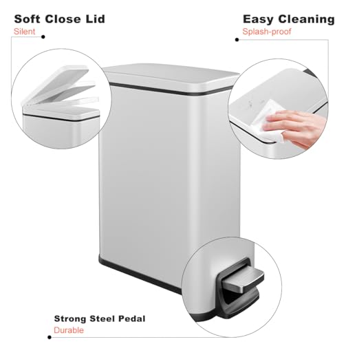 Slim Bathroom Trash Can with Lid Soft Close, 1.6 Gallon Stainless Steel Garbage Can with Removable Inner Bucket, Durable Step Pedal, Small Trash Bins for Toilet, Bedroom, Kitchen, Office - color: White, size: 1.6 Gallon