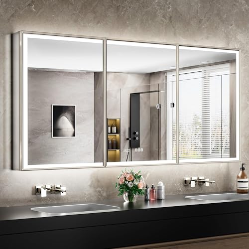 72x30 Lights Medicine Mirror Cabinet, Beveled Brushed Nickel Frame | Lighted Aluminum Bathroom Cabinet, Surface or Recessed Mount, Dimmable 3 Color Temp, Defog, Outlet, Clock, Sensor Inner Light - size: 72x30''